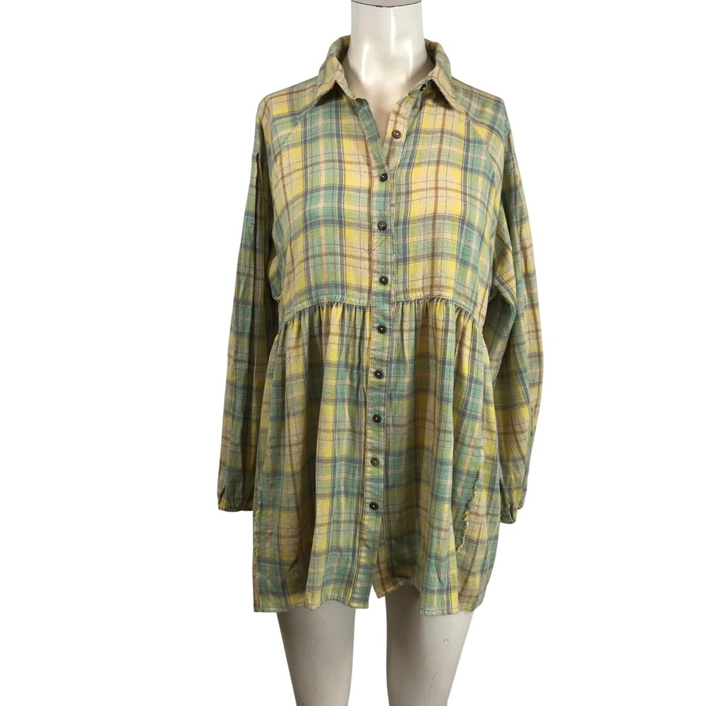 In Loom Labor of Love Plaid Tunic Yellow Green Babydoll Button Down Top Medium